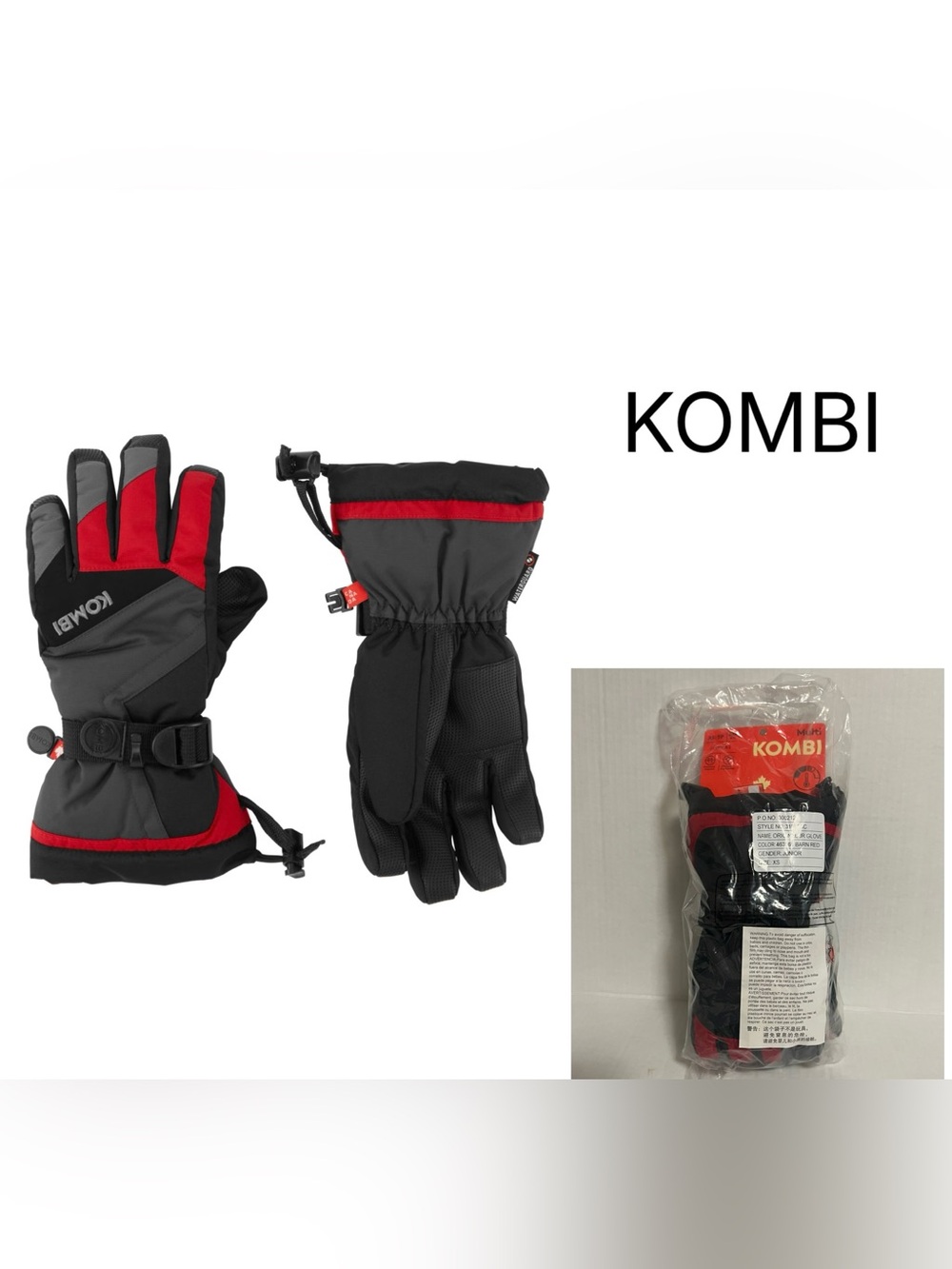 KOMBI - XS - NWT - BLACK GREY RED - KIDS / YOUTH JUNIOR GLOVES
